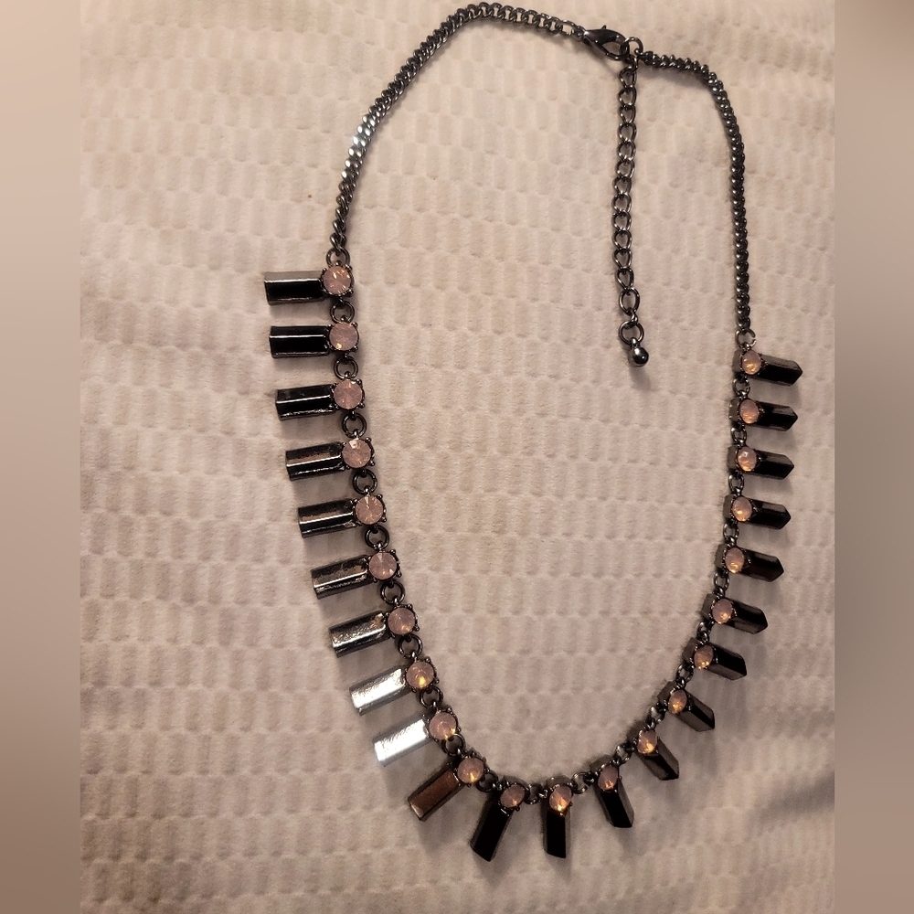 Peach Rhinestone Statement Necklace With Charcoal Metal Accents - Picture 2 of 7